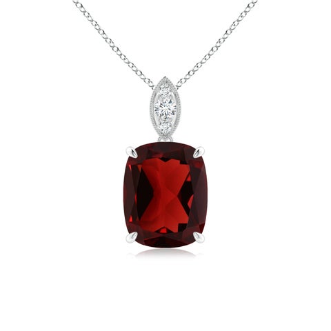 9x7mm AAA Cushion Garnet Pendant with Diamond Leaf Bale in White Gold