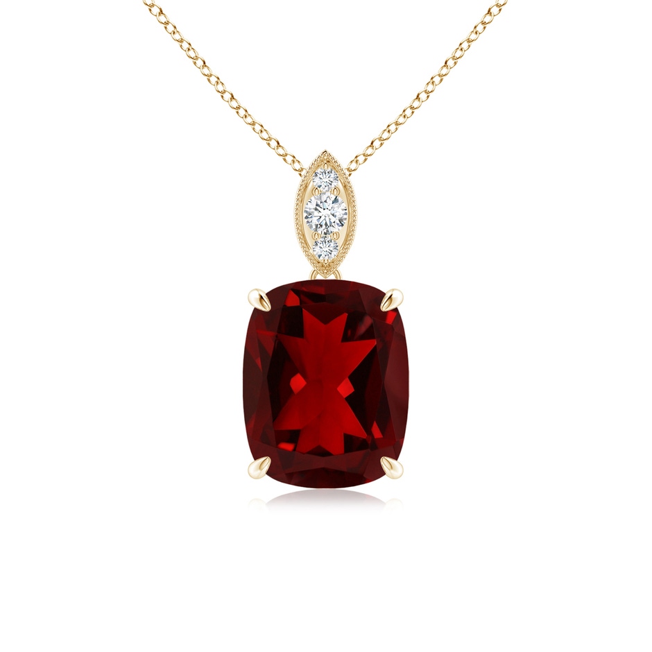 9x7mm AAAA Cushion Garnet Pendant with Diamond Leaf Bale in Yellow Gold 
