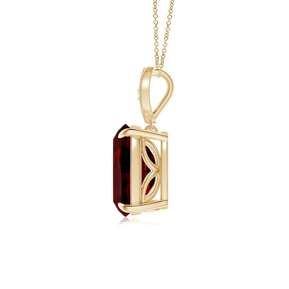 9x7mm AAAA Cushion Garnet Pendant with Diamond Leaf Bale in Yellow Gold side-1