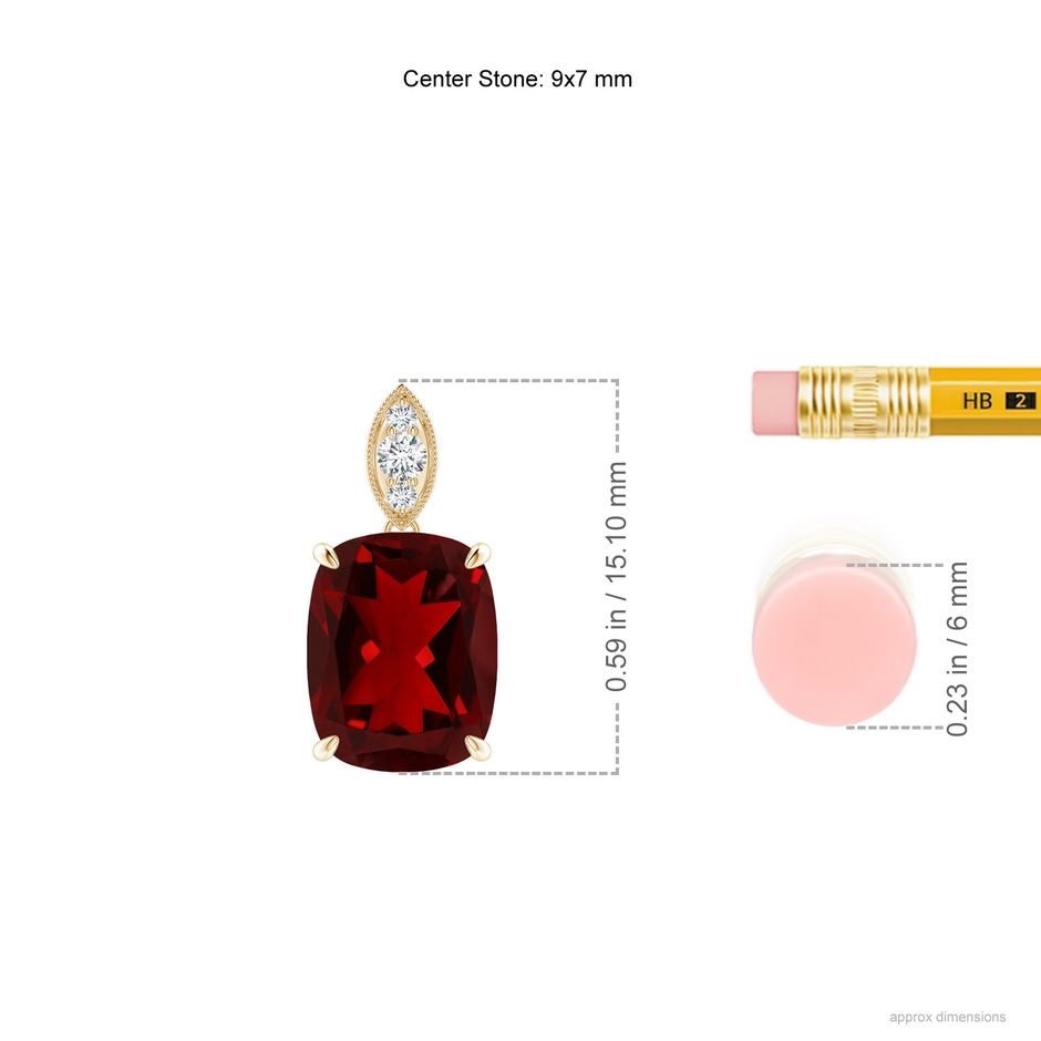 9x7mm AAAA Cushion Garnet Pendant with Diamond Leaf Bale in Yellow Gold ruler