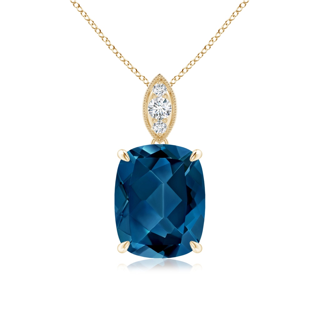 10x8mm AAA Cushion London Blue Topaz Pendant with Diamond Leaf Bale in Yellow Gold