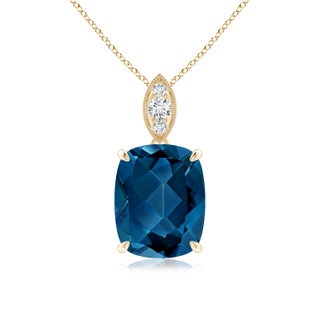 10x8mm AAA Cushion London Blue Topaz Pendant with Diamond Leaf Bale in Yellow Gold