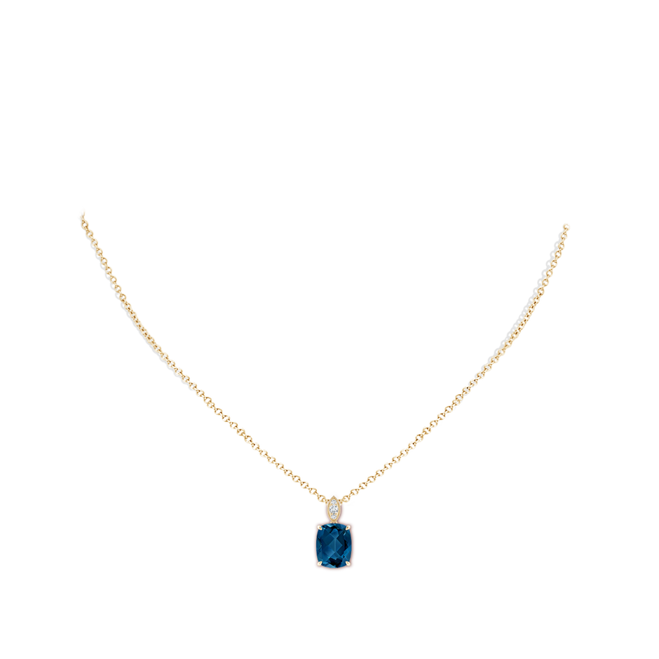 10x8mm AAA Cushion London Blue Topaz Pendant with Diamond Leaf Bale in Yellow Gold body-neck