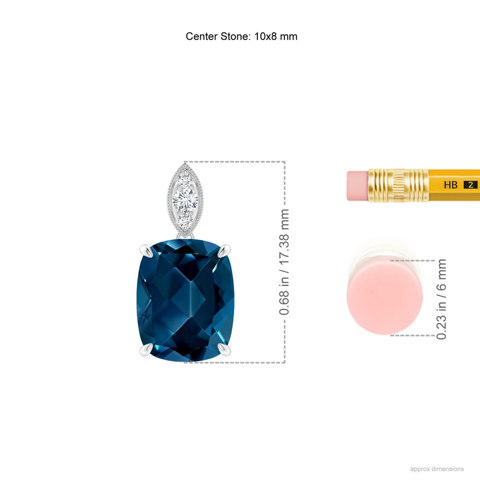 10x8mm AAAA Cushion London Blue Topaz Pendant with Diamond Leaf Bale in P950 Platinum ruler
