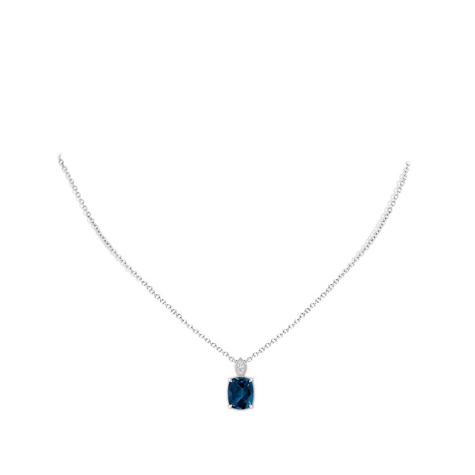 10x8mm AAAA Cushion London Blue Topaz Pendant with Diamond Leaf Bale in P950 Platinum body-neck