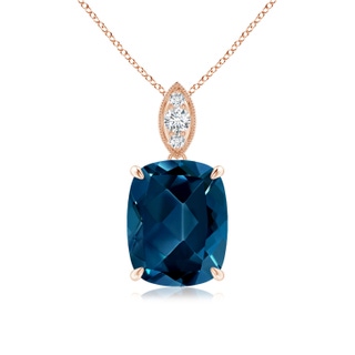 10x8mm AAAA Cushion London Blue Topaz Pendant with Diamond Leaf Bale in Rose Gold