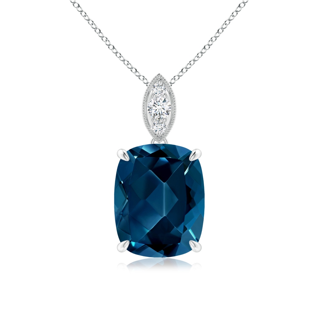 10x8mm AAAA Cushion London Blue Topaz Pendant with Diamond Leaf Bale in White Gold