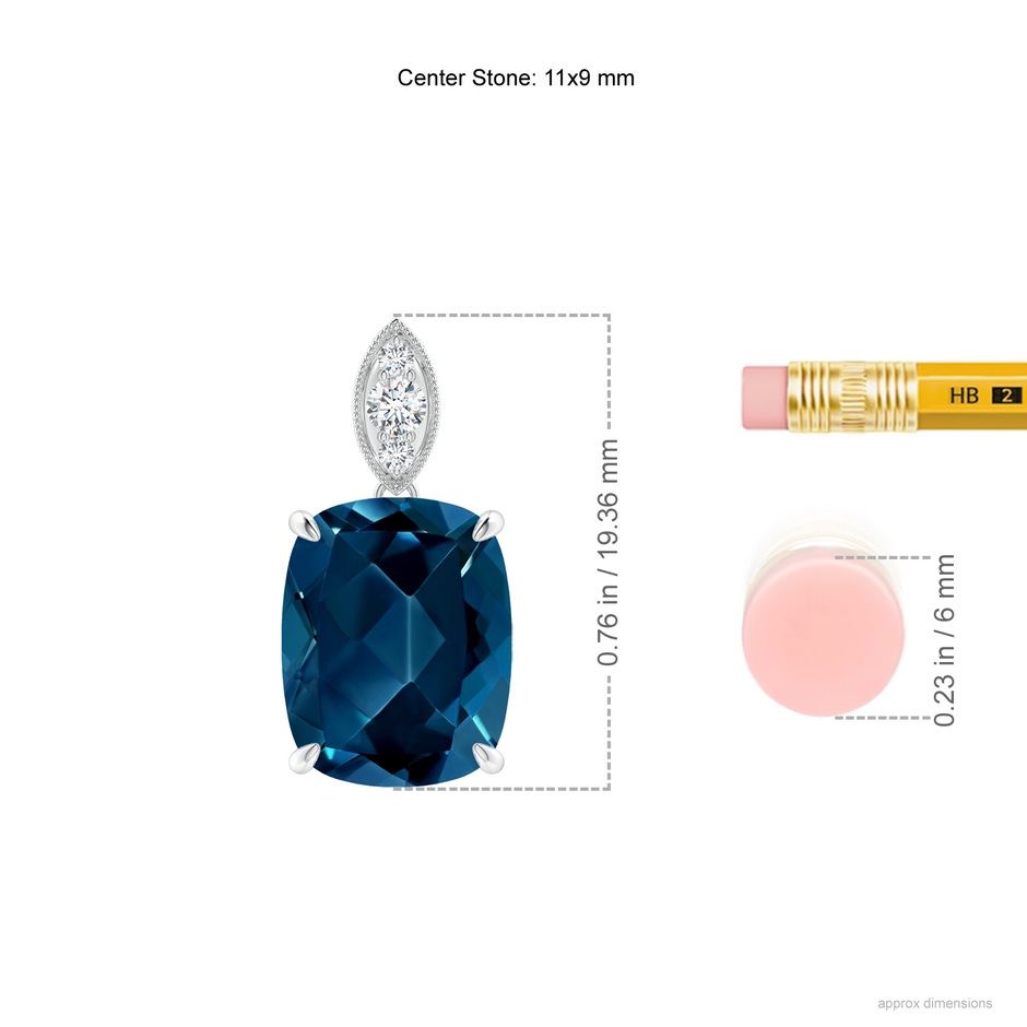 11x9mm AAAA Cushion London Blue Topaz Pendant with Diamond Leaf Bale in P950 Platinum ruler