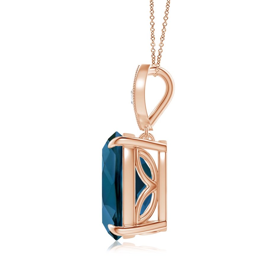 11x9mm AAAA Cushion London Blue Topaz Pendant with Diamond Leaf Bale in Rose Gold side-1