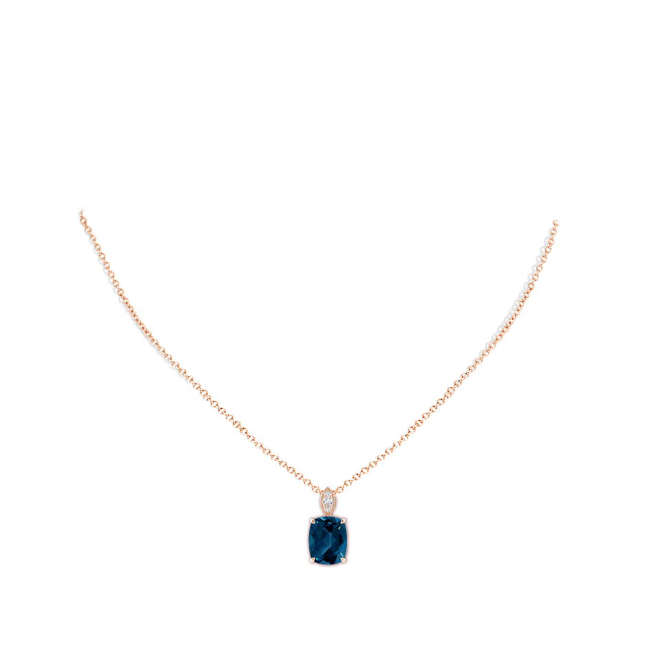 11x9mm AAAA Cushion London Blue Topaz Pendant with Diamond Leaf Bale in Rose Gold body-neck