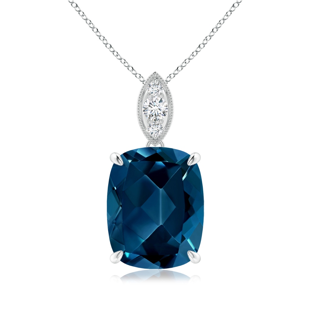 11x9mm AAAA Cushion London Blue Topaz Pendant with Diamond Leaf Bale in White Gold