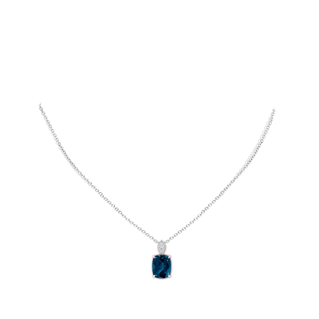 11x9mm AAAA Cushion London Blue Topaz Pendant with Diamond Leaf Bale in White Gold Body-Neck
