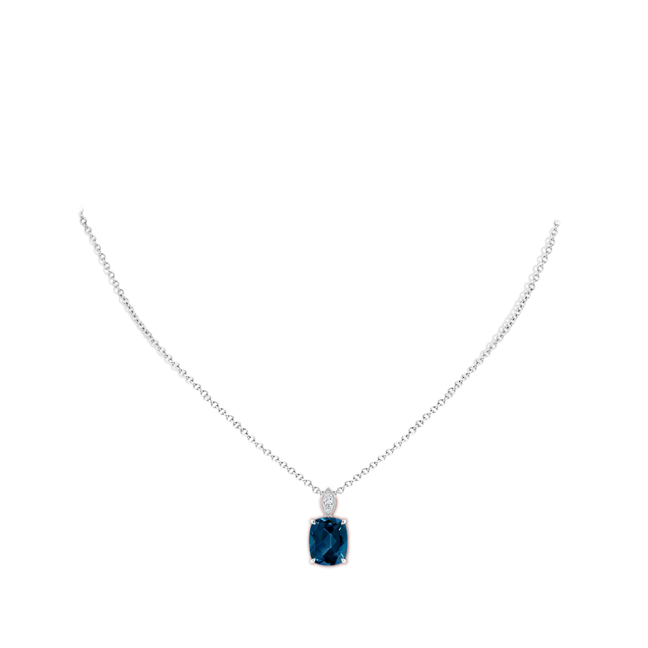 11x9mm AAAA Cushion London Blue Topaz Pendant with Diamond Leaf Bale in White Gold body-neck