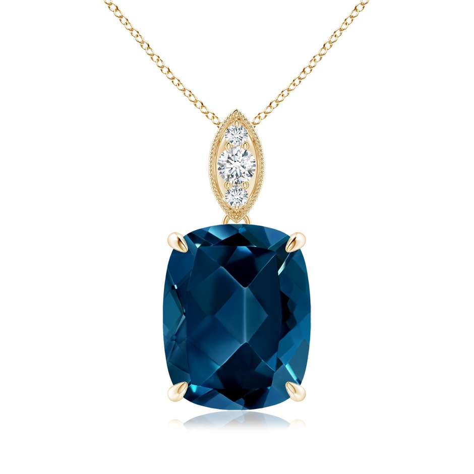 11x9mm AAAA Cushion London Blue Topaz Pendant with Diamond Leaf Bale in Yellow Gold 