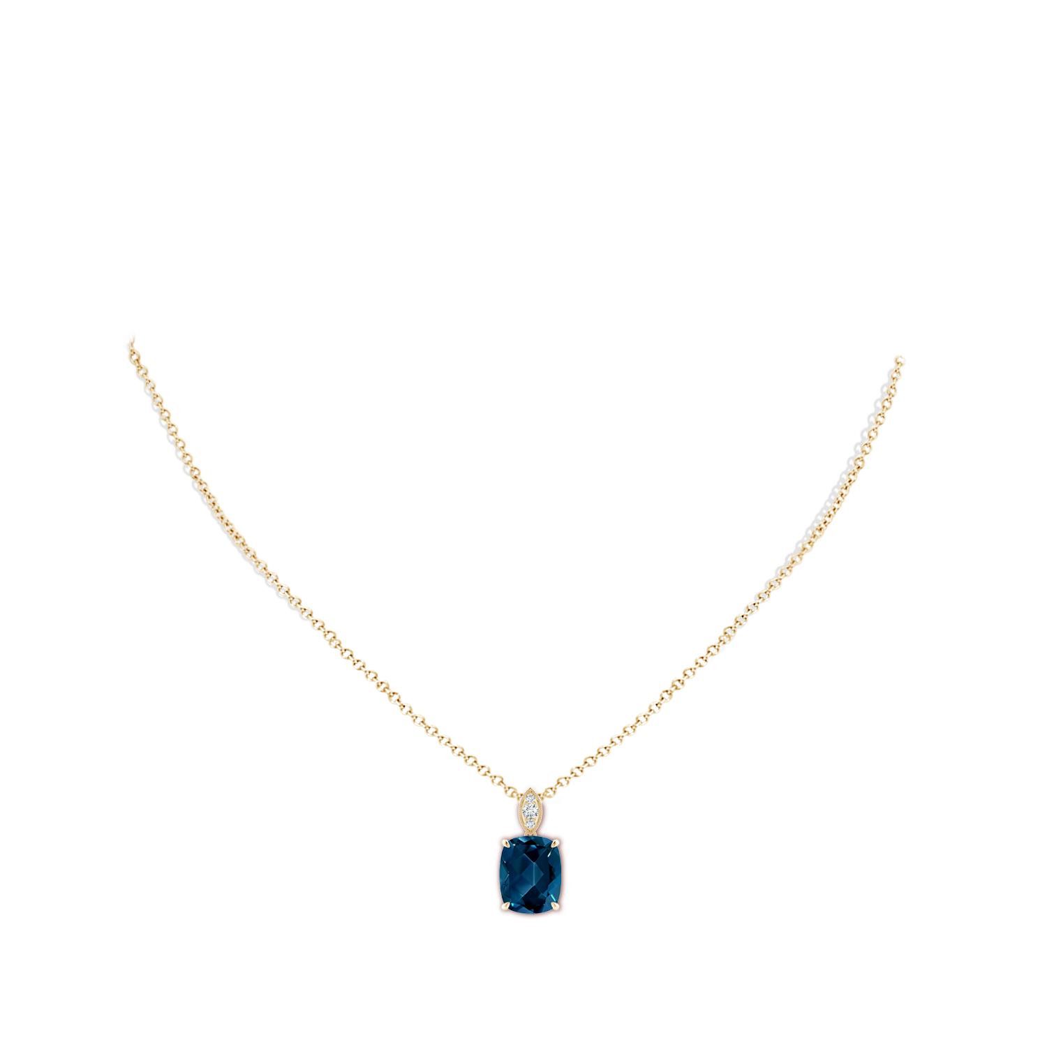11x9mm AAAA Cushion London Blue Topaz Pendant with Diamond Leaf Bale in Yellow Gold - body_neck