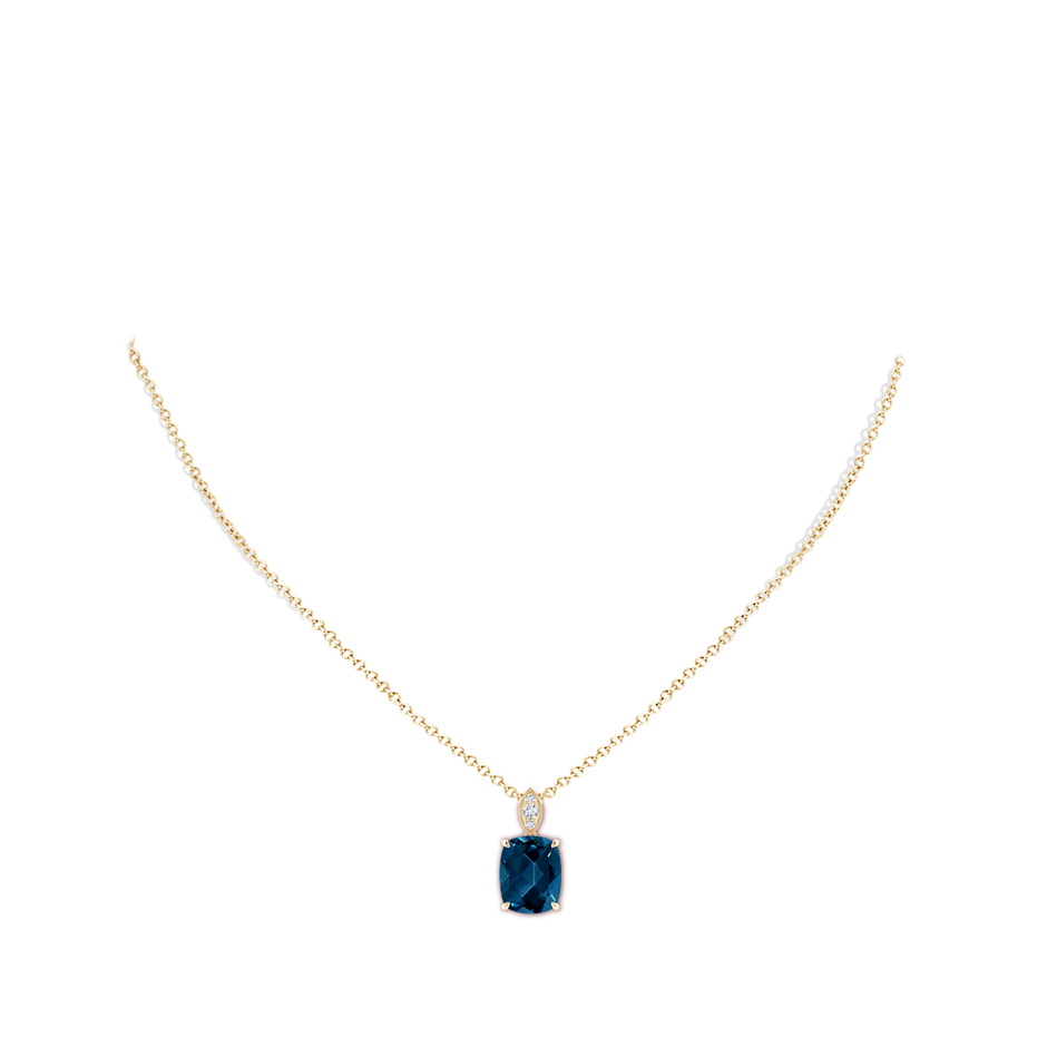 11x9mm AAAA Cushion London Blue Topaz Pendant with Diamond Leaf Bale in Yellow Gold body-neck