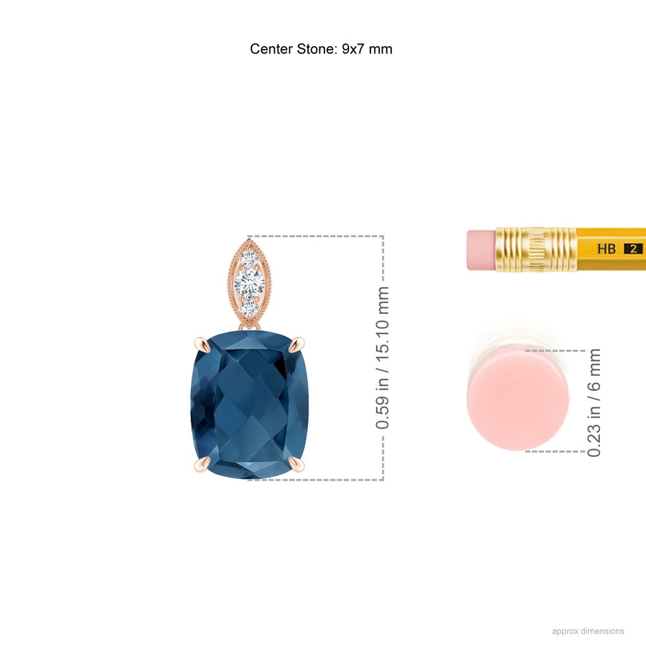 9x7mm A Cushion London Blue Topaz Pendant with Diamond Leaf Bale in Rose Gold ruler