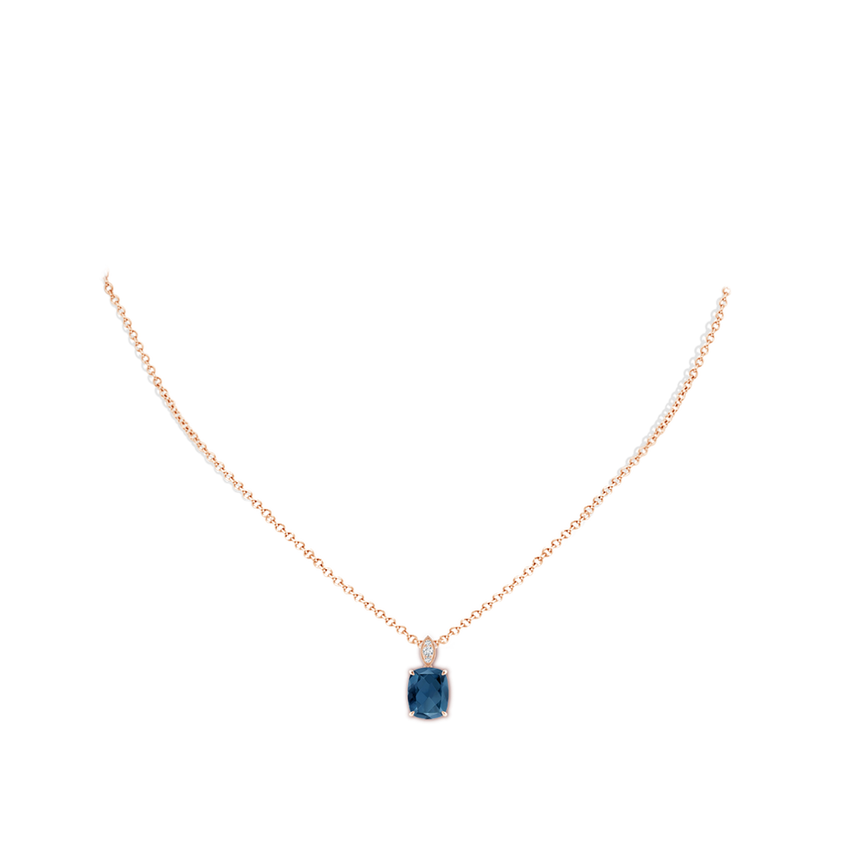 9x7mm A Cushion London Blue Topaz Pendant with Diamond Leaf Bale in Rose Gold body-neck
