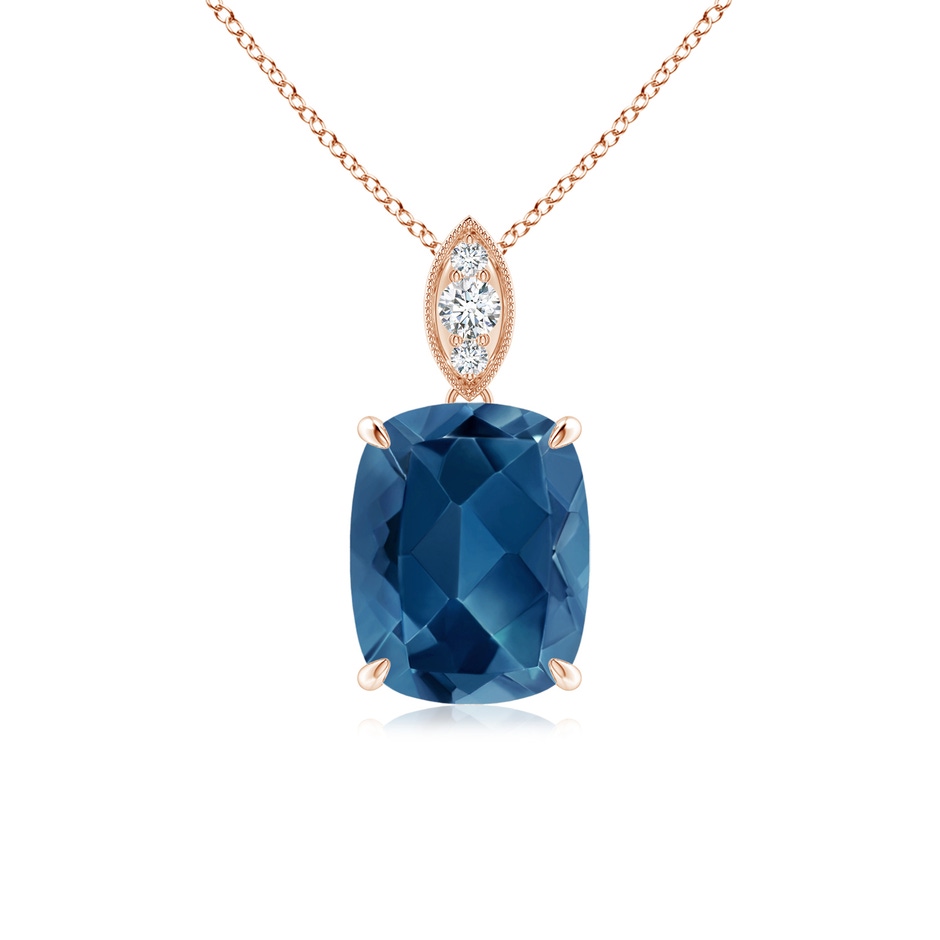 9x7mm AA Cushion London Blue Topaz Pendant with Diamond Leaf Bale in Rose Gold 