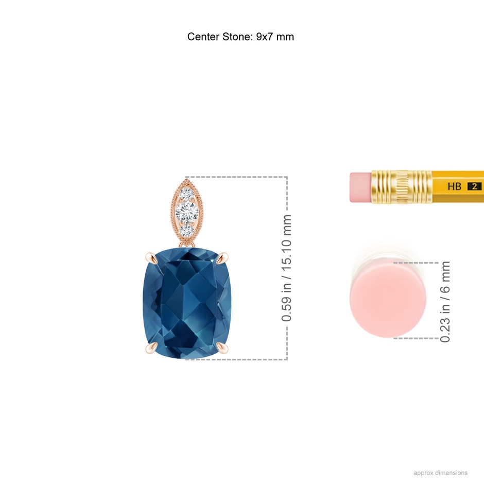 9x7mm AA Cushion London Blue Topaz Pendant with Diamond Leaf Bale in Rose Gold ruler