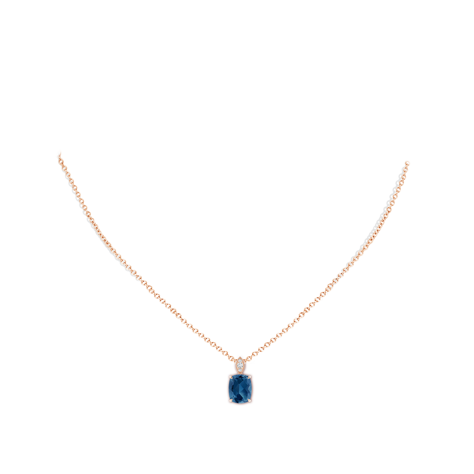 9x7mm AA Cushion London Blue Topaz Pendant with Diamond Leaf Bale in Rose Gold body-neck