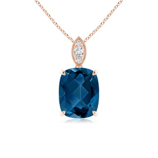 9x7mm AAA Cushion London Blue Topaz Pendant with Diamond Leaf Bale in Rose Gold