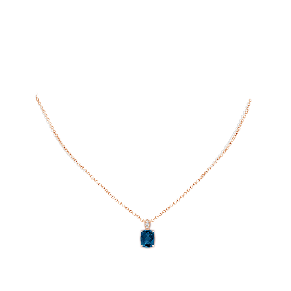 9x7mm AAA Cushion London Blue Topaz Pendant with Diamond Leaf Bale in Rose Gold body-neck