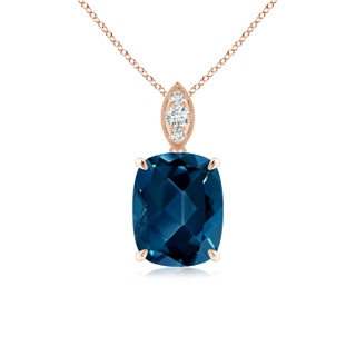 9x7mm AAAA Cushion London Blue Topaz Pendant with Diamond Leaf Bale in Rose Gold