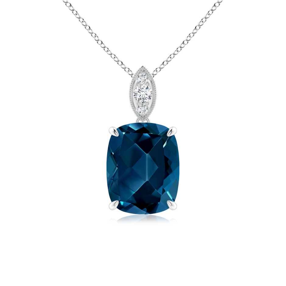 9x7mm AAAA Cushion London Blue Topaz Pendant with Diamond Leaf Bale in White Gold 