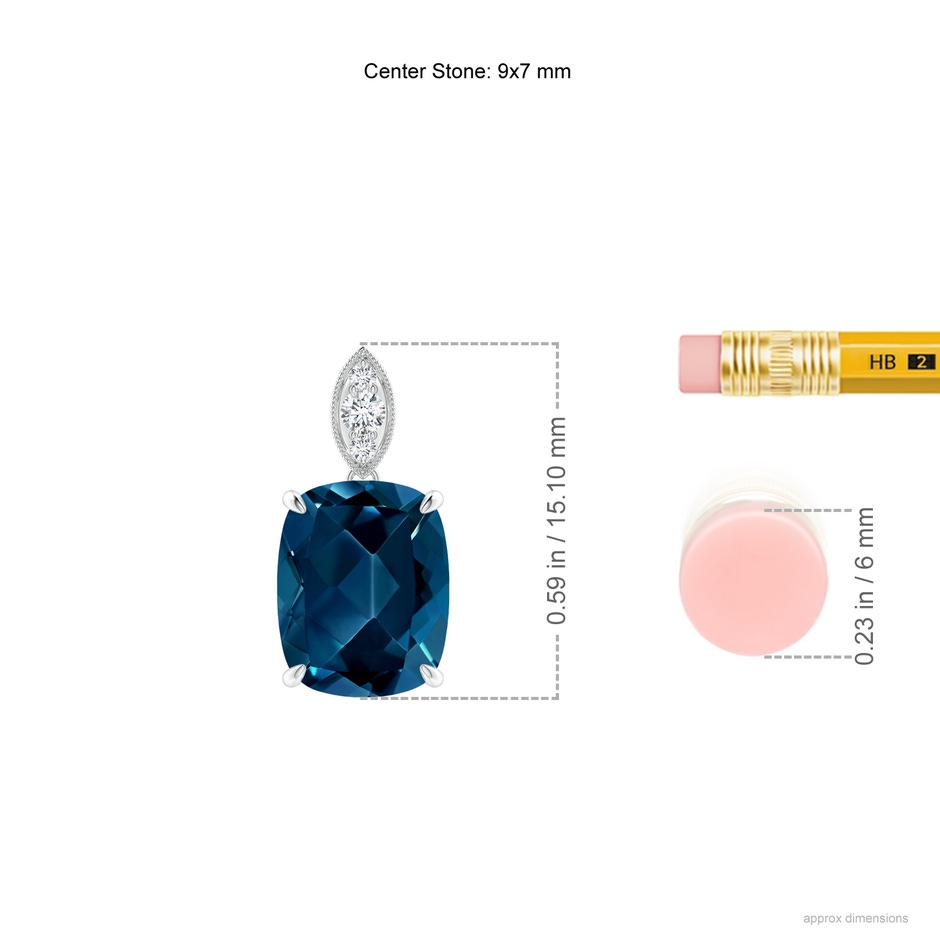 9x7mm AAAA Cushion London Blue Topaz Pendant with Diamond Leaf Bale in White Gold ruler