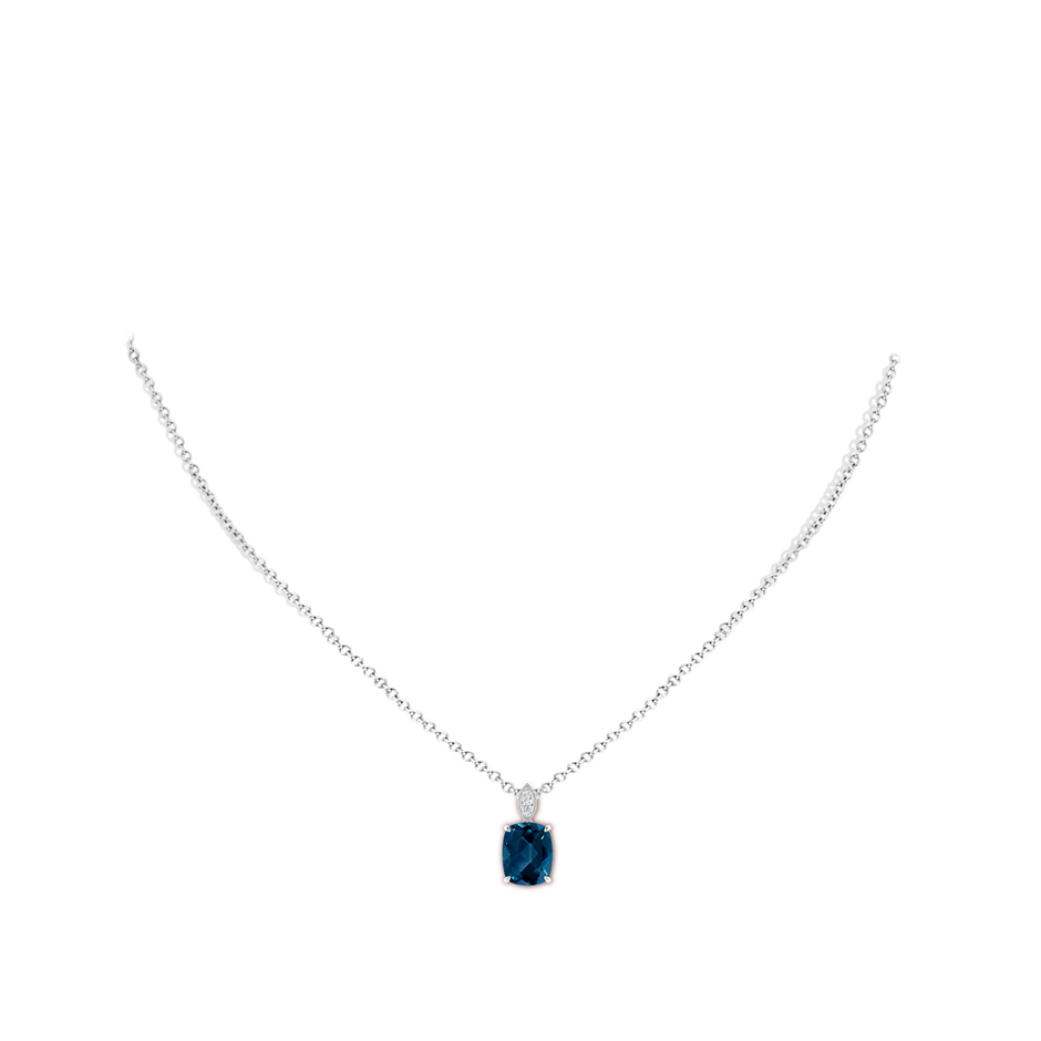 9x7mm AAAA Cushion London Blue Topaz Pendant with Diamond Leaf Bale in White Gold body-neck