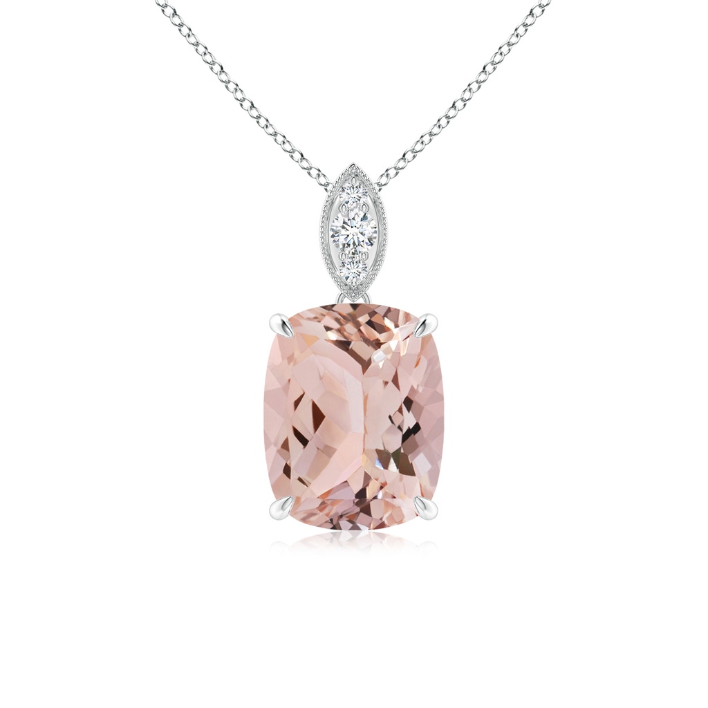 9x7mm AAA Cushion Morganite Pendant with Diamond Leaf Bale in White Gold