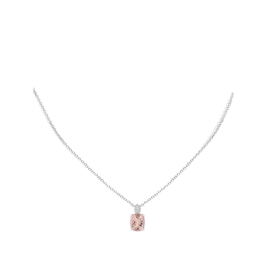 9x7mm AAA Cushion Morganite Pendant with Diamond Leaf Bale in White Gold body-neck