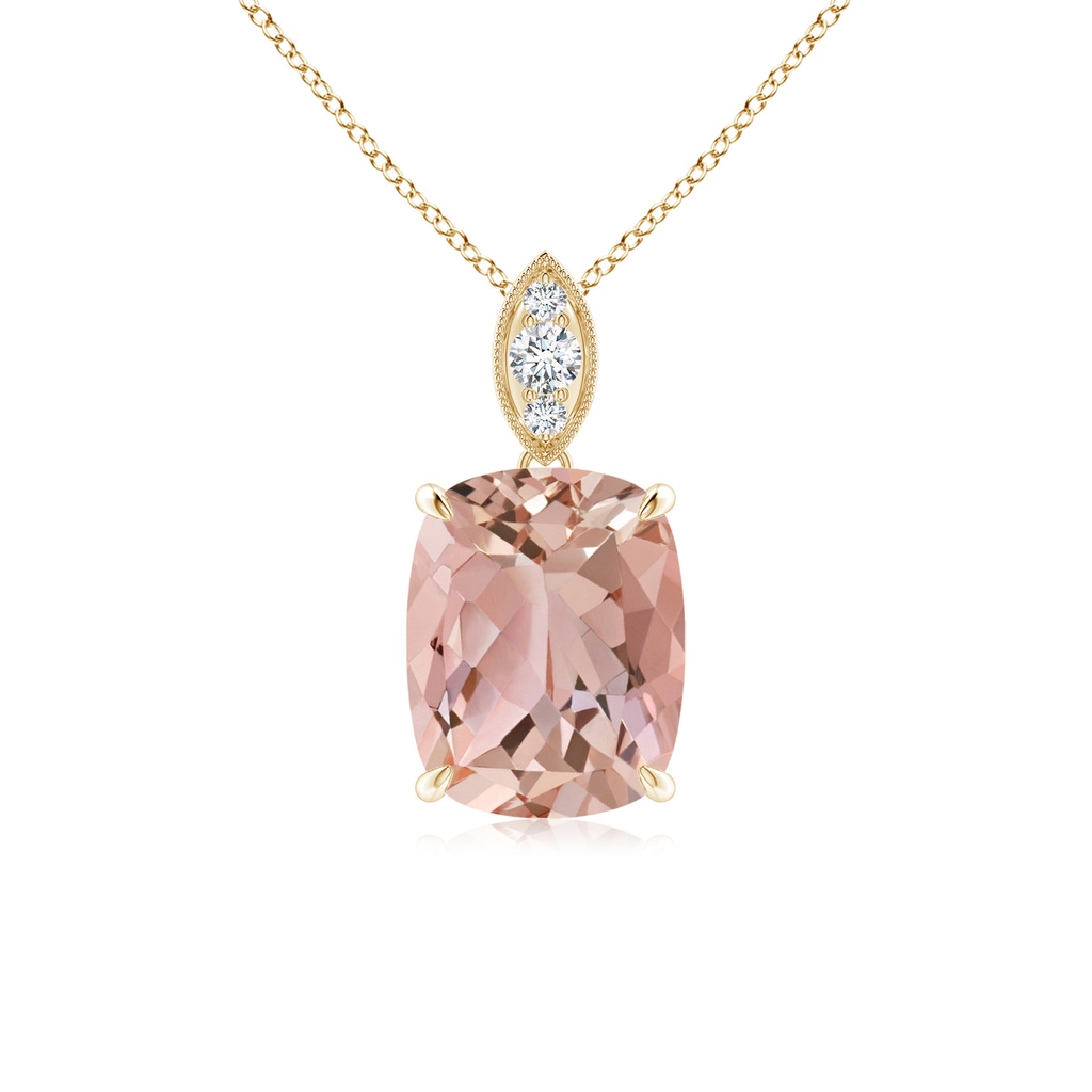 9x7mm AAAA Cushion Morganite Pendant with Diamond Leaf Bale in Yellow Gold