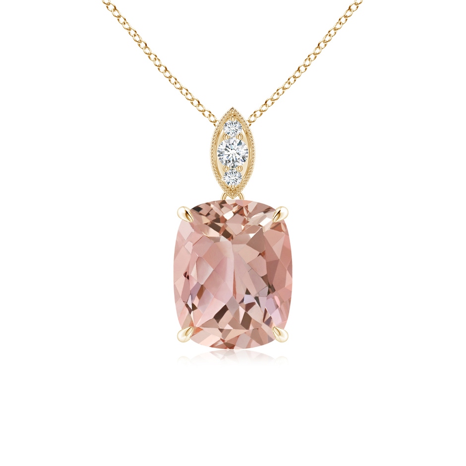 9x7mm AAAA Cushion Morganite Pendant with Diamond Leaf Bale in Yellow Gold 