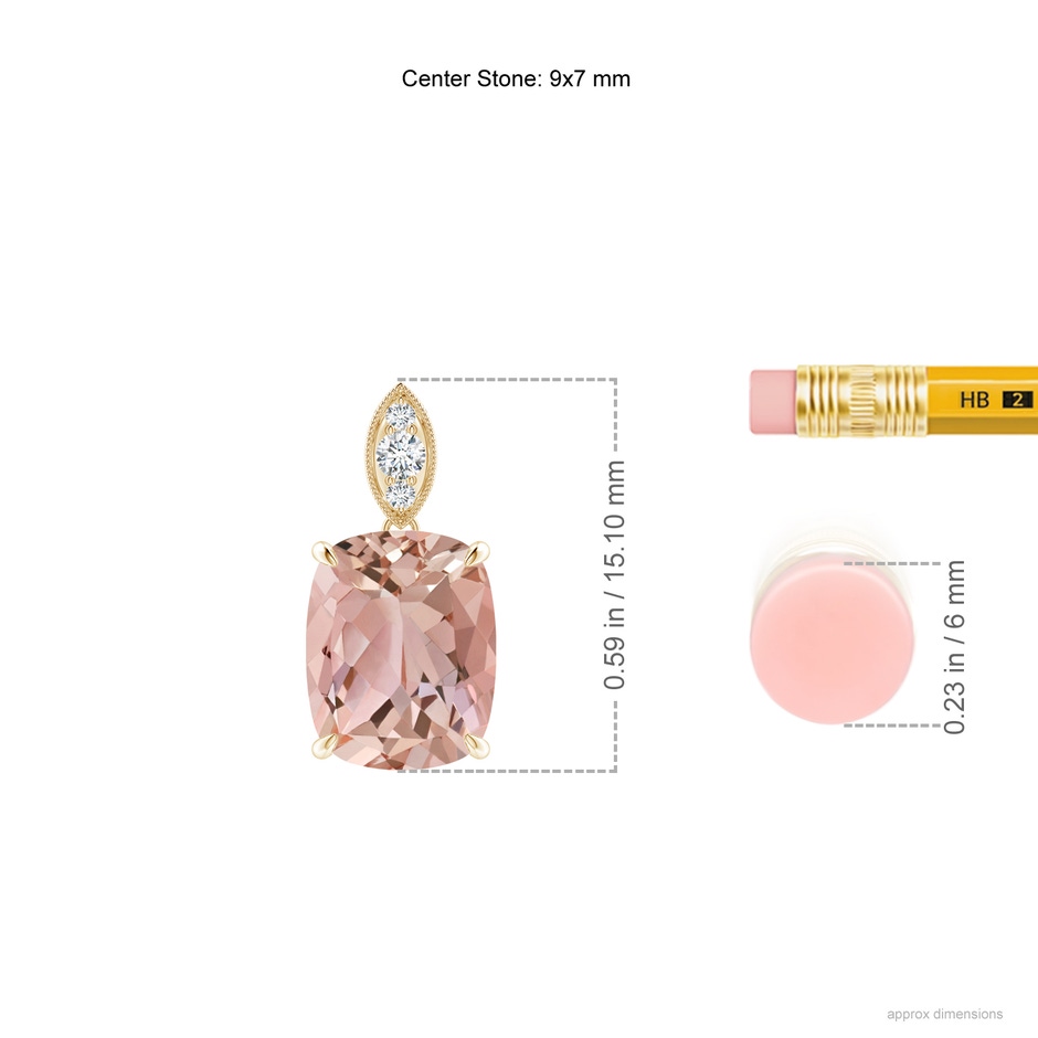 9x7mm AAAA Cushion Morganite Pendant with Diamond Leaf Bale in Yellow Gold ruler