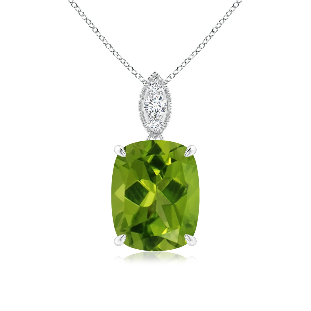 10x8mm AAAA Cushion Peridot Pendant with Diamond Leaf Bale in P950 Platinum