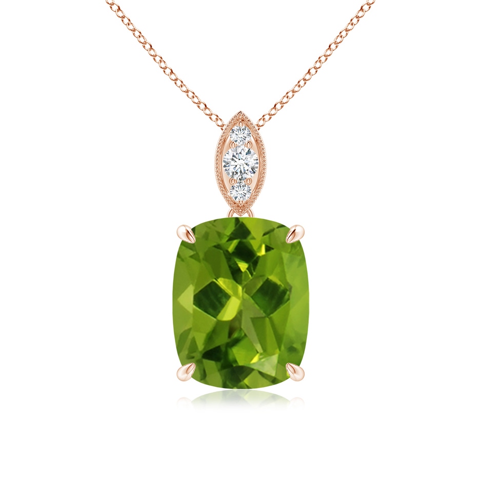 10x8mm AAAA Cushion Peridot Pendant with Diamond Leaf Bale in Rose Gold 