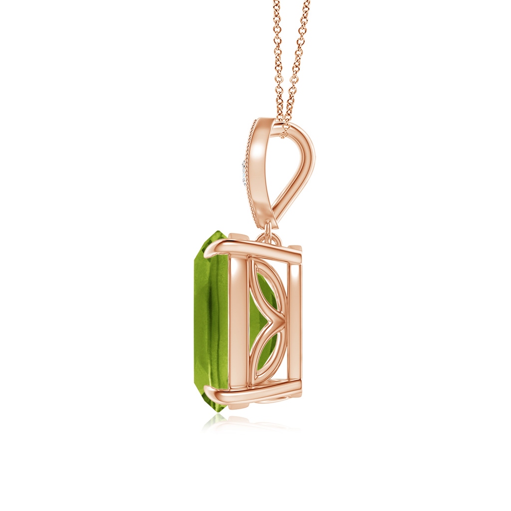 10x8mm AAAA Cushion Peridot Pendant with Diamond Leaf Bale in Rose Gold - side_1