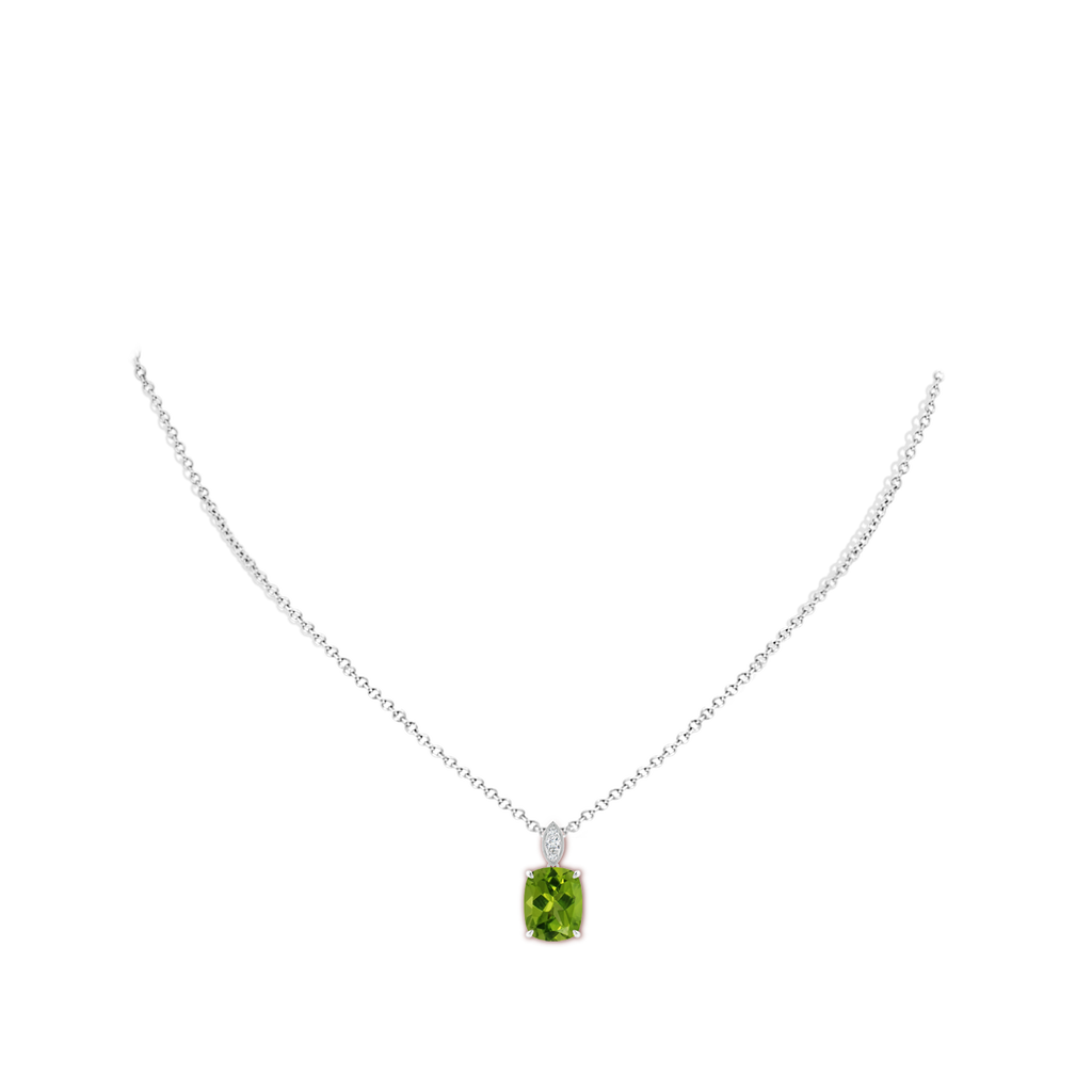 10x8mm AAAA Cushion Peridot Pendant with Diamond Leaf Bale in White Gold Body-Neck