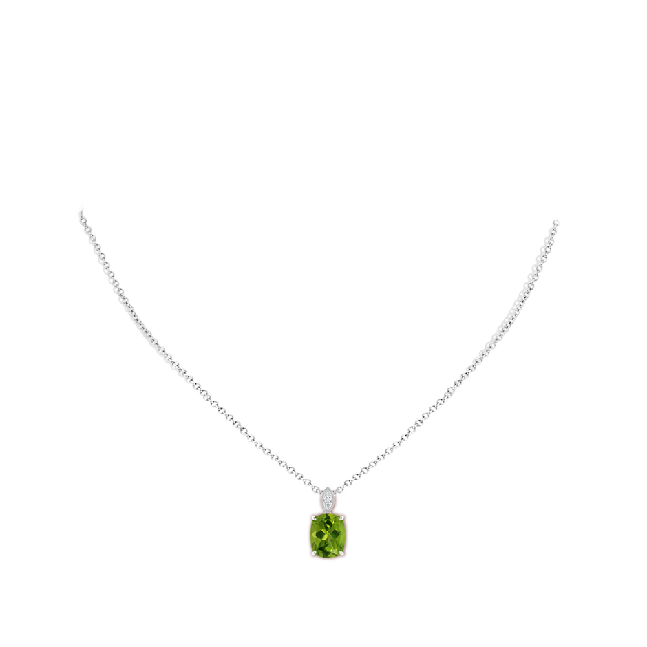 10x8mm AAAA Cushion Peridot Pendant with Diamond Leaf Bale in White Gold body-neck