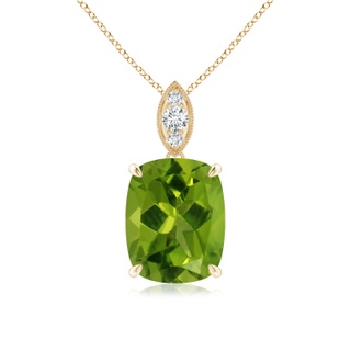 10x8mm AAAA Cushion Peridot Pendant with Diamond Leaf Bale in Yellow Gold