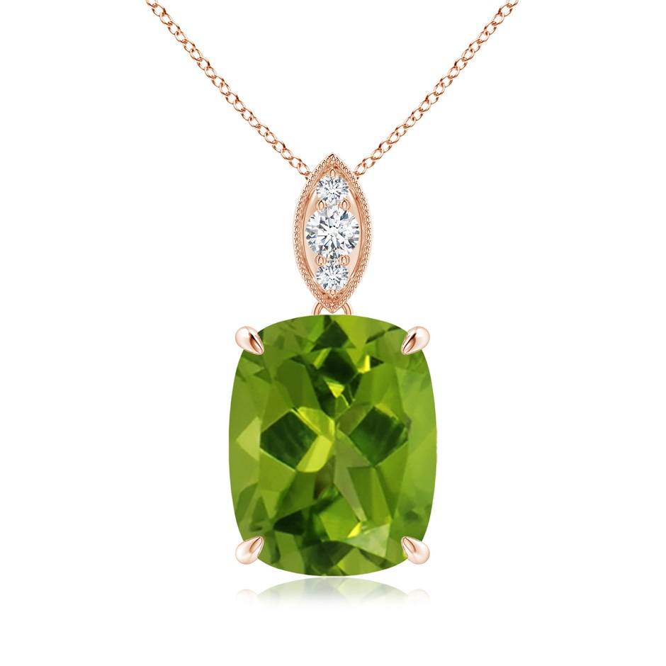 11x9mm AAAA Cushion Peridot Pendant with Diamond Leaf Bale in Rose Gold 