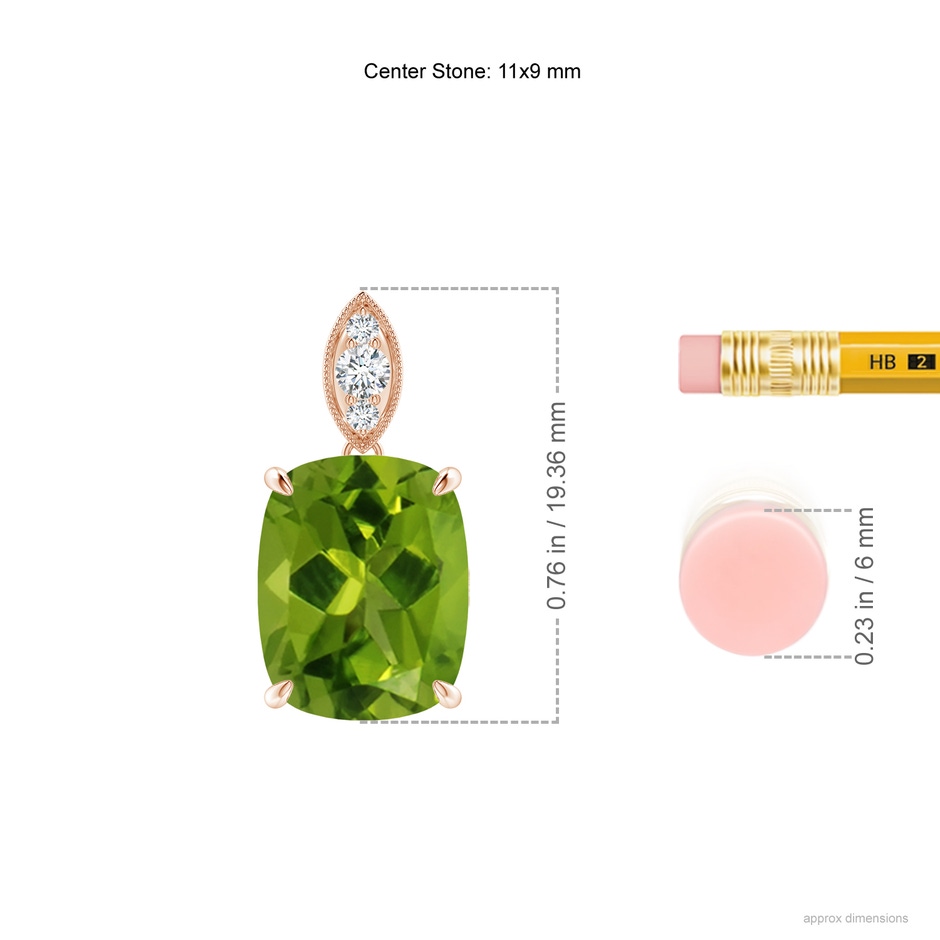 11x9mm AAAA Cushion Peridot Pendant with Diamond Leaf Bale in Rose Gold ruler