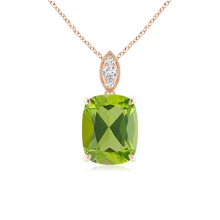 9x7mm AAA Cushion Peridot Pendant with Diamond Leaf Bale in Rose Gold