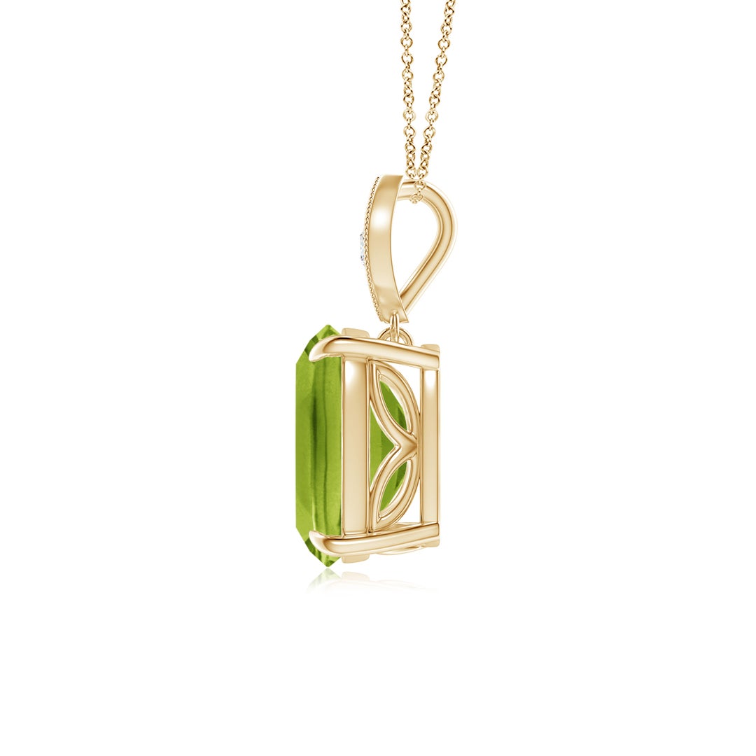 9x7mm AAA Cushion Peridot Pendant with Diamond Leaf Bale in Yellow Gold - side 2