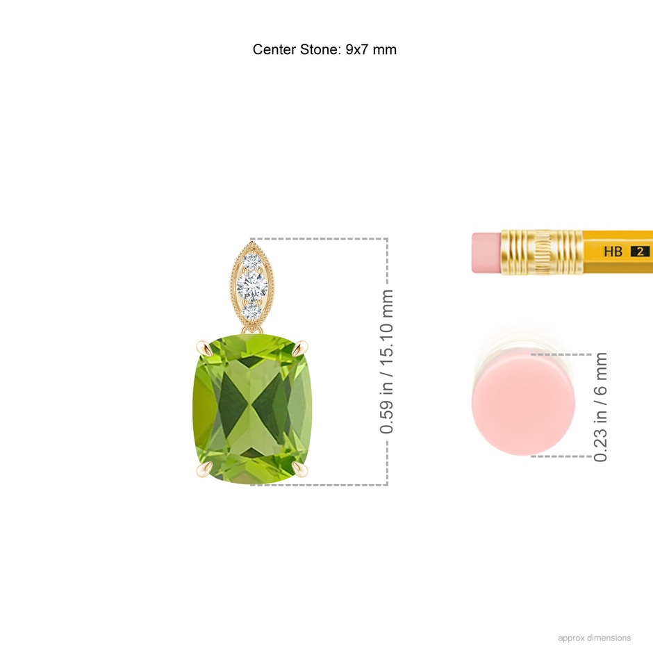 9x7mm AAA Cushion Peridot Pendant with Diamond Leaf Bale in Yellow Gold ruler