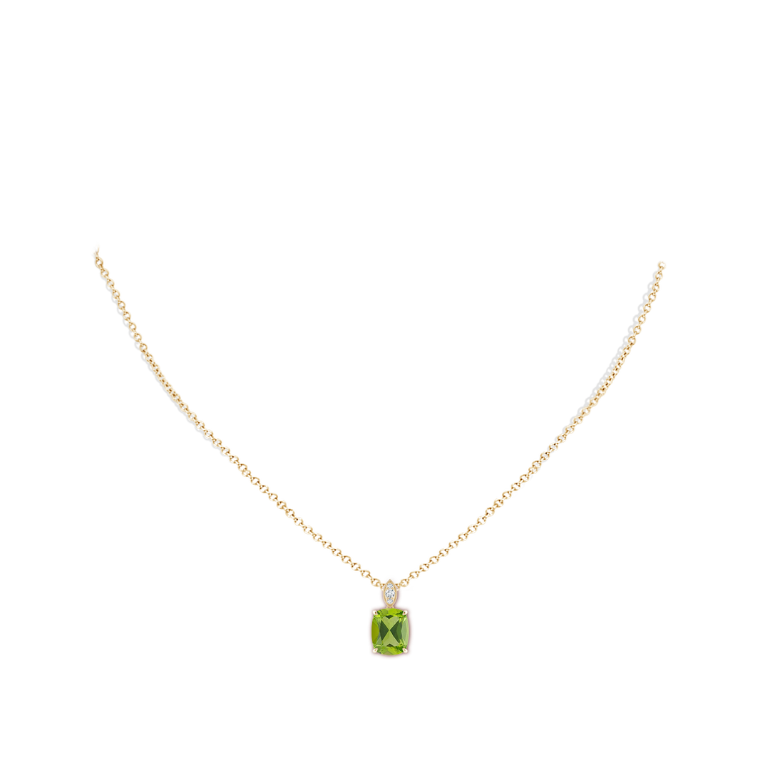 9x7mm AAA Cushion Peridot Pendant with Diamond Leaf Bale in Yellow Gold - body_neck