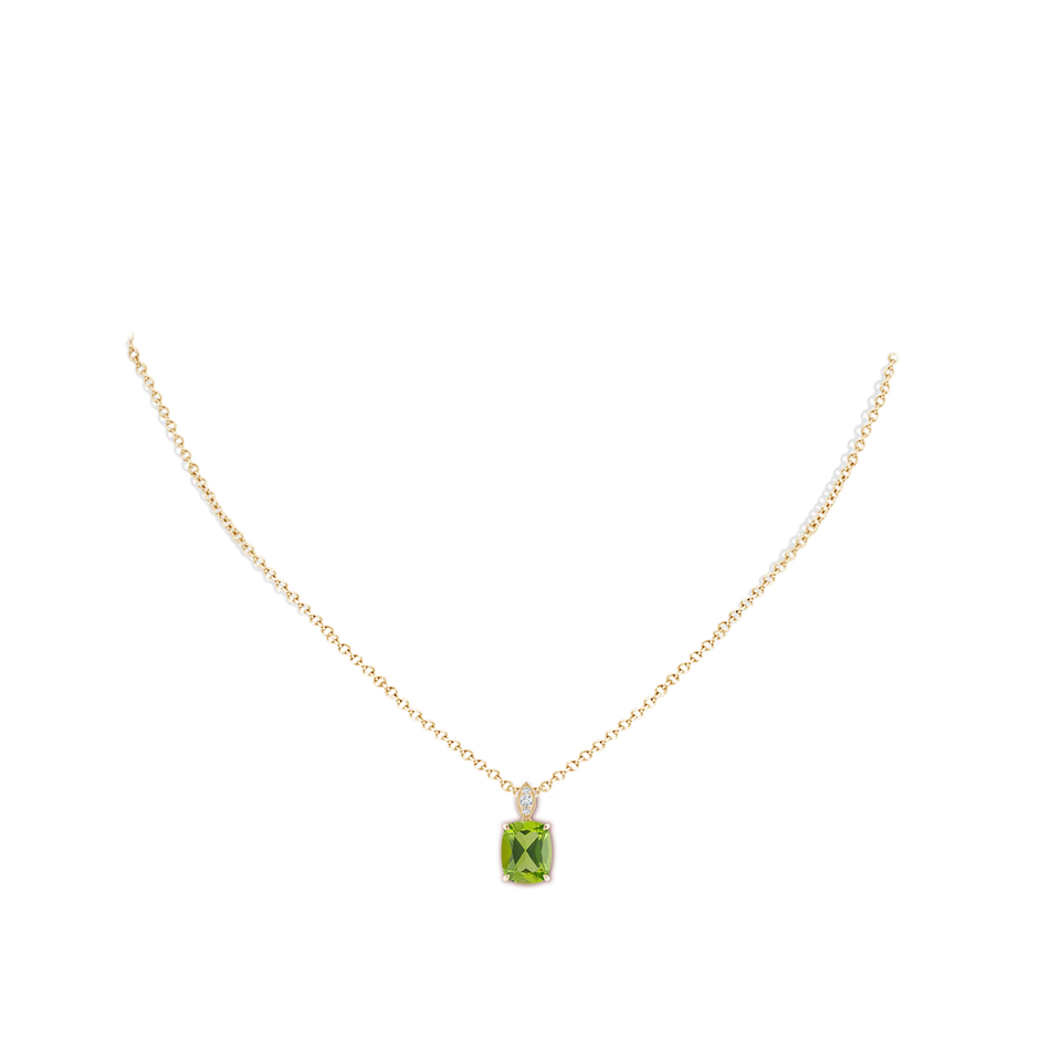 9x7mm AAA Cushion Peridot Pendant with Diamond Leaf Bale in Yellow Gold body-neck