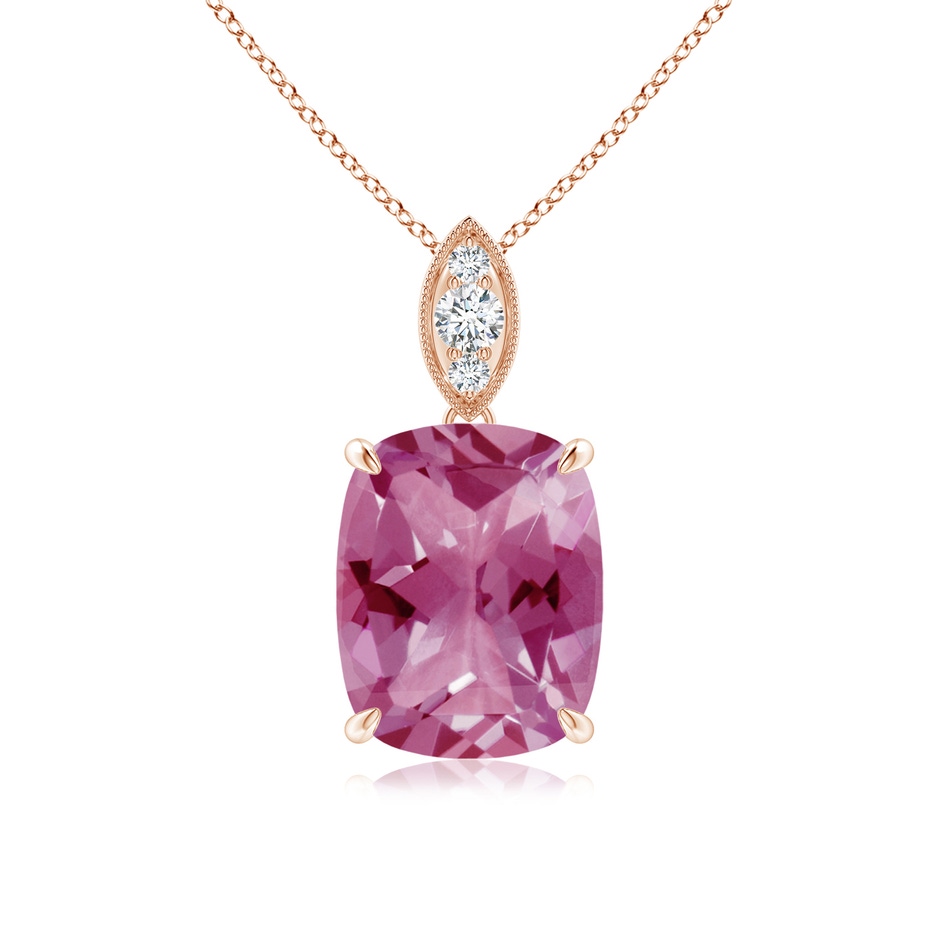 10x8mm AAA Cushion Pink Tourmaline Pendant with Diamond Leaf Bale in Rose Gold 